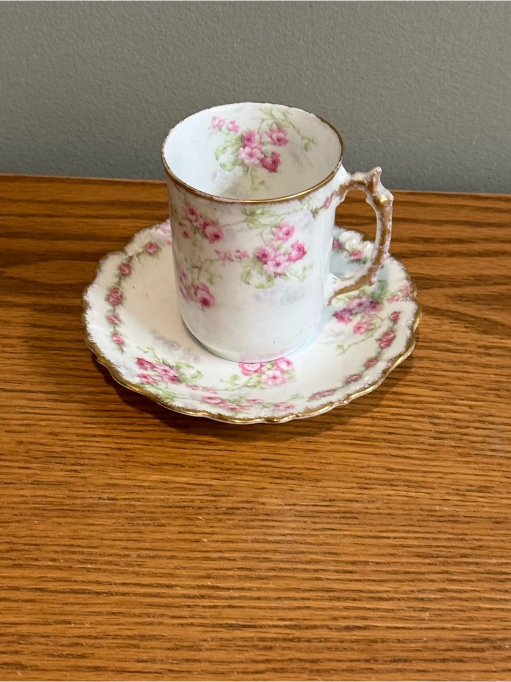 Haviland Limoges Tea/Chocolate Cup & Saucer Pink Rose Sprays Gold Trim Demitasse